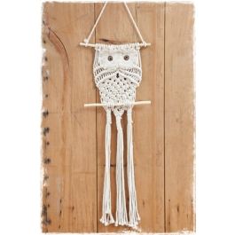 Macramé. Macramé wanddecoratie, uil houten stok. Droogbloemen, mix. Handgemaakt. 60cm x 20cm - SIERADEN TOPPER