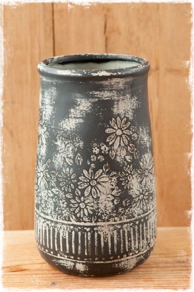 bloemenvaas zwart creme bloemenprint 22cm hoog
