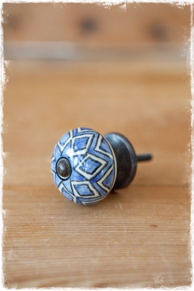 deurknop porselein rond blauw wit zwart 4cm