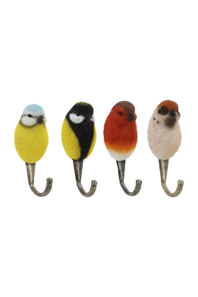 kapstokhaakjes 4 vogeltjes - koolmees, roodborstje, mus, kwikstaart