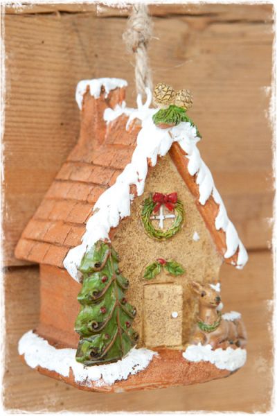 Peperkoek huisje met kerstboom en hertje - bruin, groen & wit (12x8x7cm)