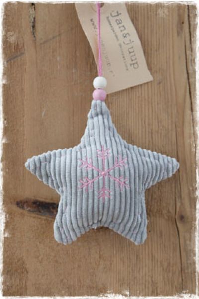 kerstdecoratie grijze roze ster hanger ribstof kerstbal - janenjuup brocante woonaccessoires kerst