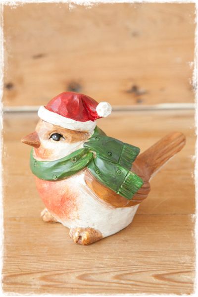 kerstfiguurtje vogeltje met kerstmuts en groene sjaal