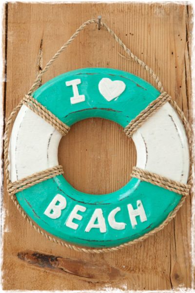 reddingsboei decoratie I love beach wit groen 15cm