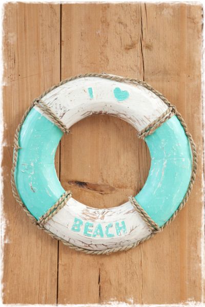 reddingsboei decoratie I love beach mintgroen wit 30cm