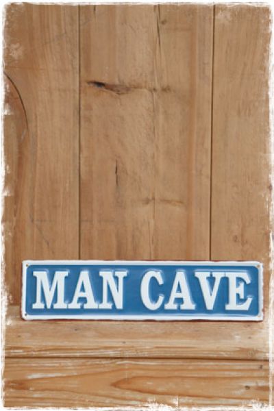 Tekstbord man cave blauw wit 40x10cm