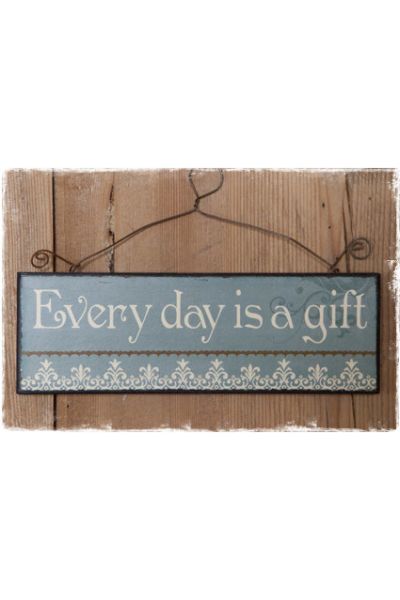 tekstbordje brocante blauw every day is a gift - janenjuup