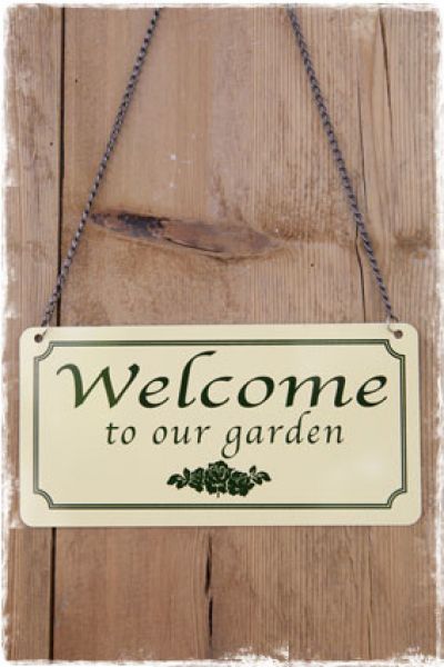 groen geel tekstbordje welcome to my garden - janenjuup online brocante webwinkel - tuindecoratie